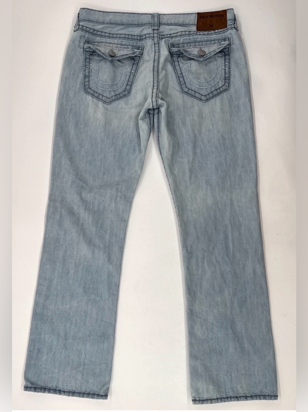 True Religion Jeans Mens 38x34 Ricky W Flap Relaxed Distressed Light Blue Holes